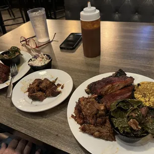 Ribs, burnt ends, collards, sweet potato casserole and coleslaw. Sorry we didn&apos;t get picture of brown sugar bacon!!
