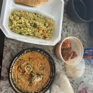 Meat Pie $3.5, Side of Fried Rice $5, egusi with beef, side of hen, pounded yam