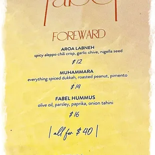 a menu for fabel