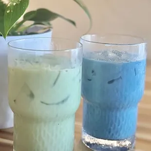 Matcha latte and Blue River spirit latte