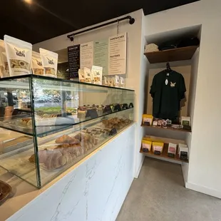Pastry case, menu and merch