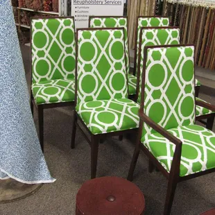 upholstered dining room chairs with fun fabric.