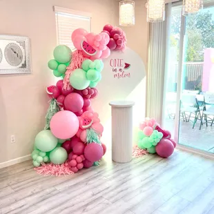 One in a melon 1st Birthday theme. Birthday Decor 6ft chaira arch Cake Pedestal