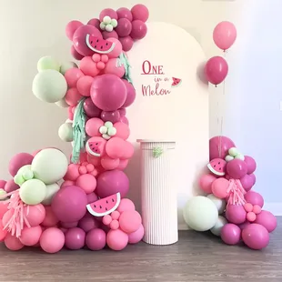 One in a melon - Balloon Garland with our cake pedestal