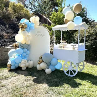 Little Pumpkin theme - Baby shower balloon decorations with our Candy Cart Rental