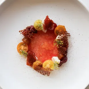Marinaded, smoked, confit tomato, compressed shio koji watermelon, cashew mozzarella