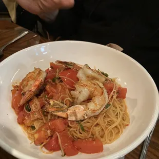 Angel hair with ginormous prawns.