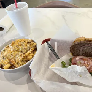 Chilli fries &amp; cheese burger