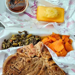 T-Bone Steak, Greens, Yams and Corn Bread Loaf...