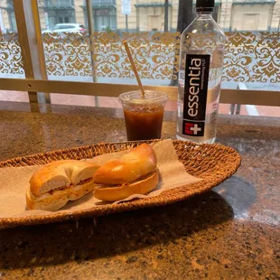Bacon egg &amp; cheese bagel, small iced coffee and water!