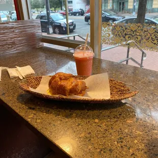 Bacon egg and cheese and strawberry banana smoothie