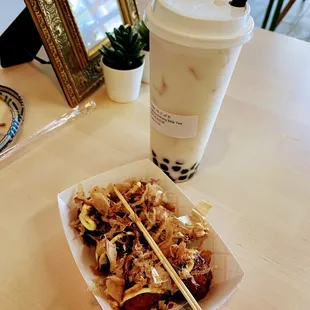 My Sakura oolong milk tea with boba and the Takoyaki 章鱼小丸子