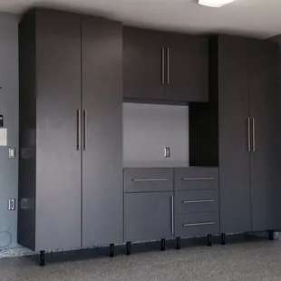 Factory 1 cabinet units. Clean and very functional.  15" stainless steel pull handles with adjustable legs.