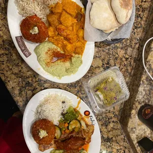 Rice. Mashed Potato ball, Chicken Curry, lamb shank, pesto pasta and avocado hummus.