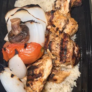 Chicken Kabob Plate - So Good! Chicken was juicy, seasoned and big. Veggies were good. Rice had cinnamon flav I didn&apos;t care for.