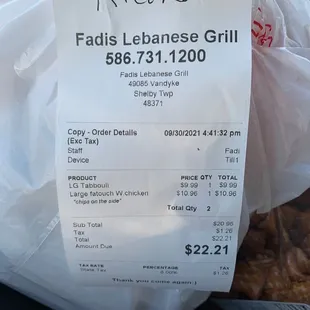 Large tabouli &amp; large Fattoush w/chicken, pita bread $22.21. I had a Groupon for $20 that I only paid $10.60, so grand total for both $12.81
