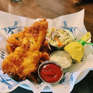 a basket of fish and chips