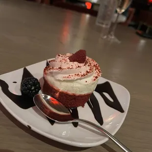 Red velvet cupcake for desert, comped