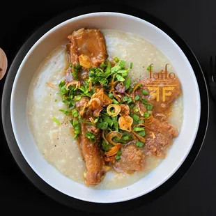 CHAO: Congee with pork riblet, ground pork, rice, oat, black pepper, onion, cilantro.