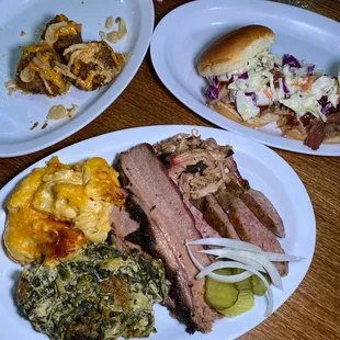 Brisket, Pulled Pork and Sausage plate with Mac and Cheese and Spinach