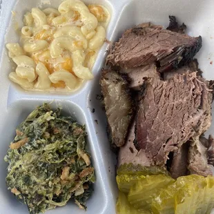 Brisket. Mac and cheese and creamy spinach.