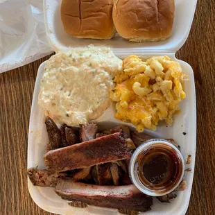 Ribs  Brisket Sausage Macaroni and Cheese  Potato Salad