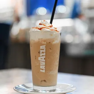 Iced and Creamy Caramel Vanilla Latte. Available Friday - Sunday. Enjoy in-store or to go.