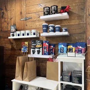 shelves of coffee, tea, and other items