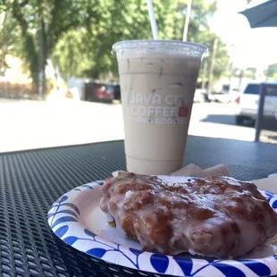 Iced chai latte and Apple fritter