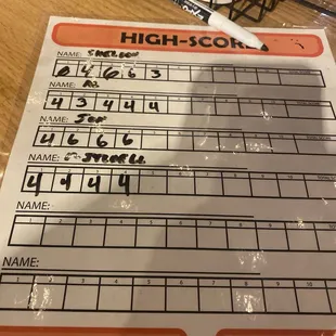 Scorecard for axe throwing