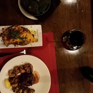 9 oz. filet, loaded baked potato, steamed broccoli, kicked up a notch with Cajun spices, matched with a Optima Cabernet.  Awesome!
