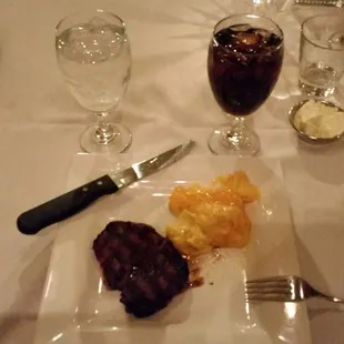 steak, oranges, and a glass of wine