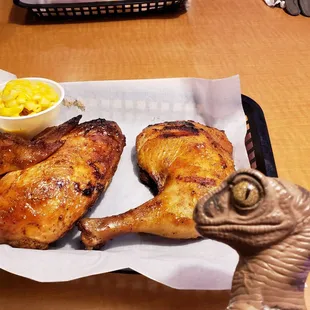 Bob the Raptor says "The smoked chicken prey is very tasty!"