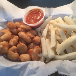 Popcorn shrimp &amp; fries &amp; drink $7.60