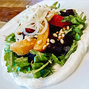 ROASTED BEET AND ARUGULA SALAD
citrus segments, pine nuts, ricotta, candied fennel, agave-blood orange dressing