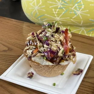 Korean Pork Belly savory waffle bowl ($15.29) was a joy!