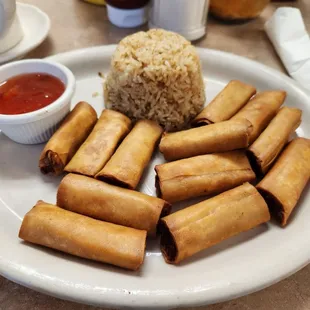 Lumpiang Shanghai with garlic fried rice and sweet chili sauce