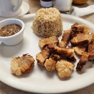 Lechon Kawali with garlic fried rice and house special sauce