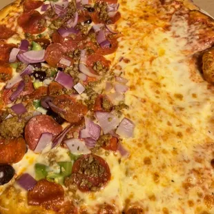 Half cheese &amp; half pepperoni, sausage, Green Peppers, onions and olive.