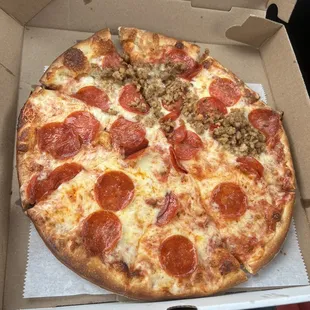 2 Topping Medium Pizza (pepperoni and sausage on 1/2)  - SOOOO GOOD