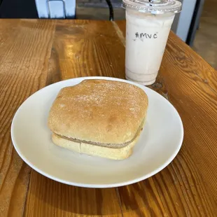 Breakfast sandwich on ciabatta - soft bread. Okay