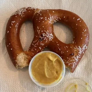 Soft pretzel with mustard. But soft pretzel is also good dipped in banana water ice