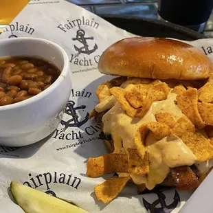 Burger special something with Fritos on it