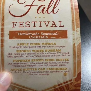 Fall drink menu.