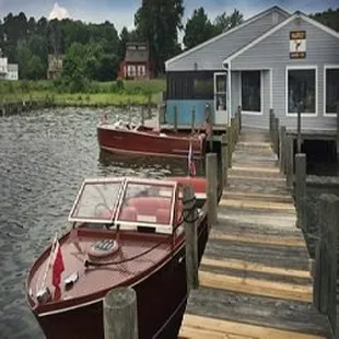 a boat docked at a dock