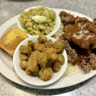 Baby Lima Beans, Fried Chicken Livers with Rice and Gravy, Fried Okra, Cornbread