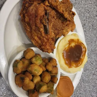 Fried chicken, okra, mashed potatoes