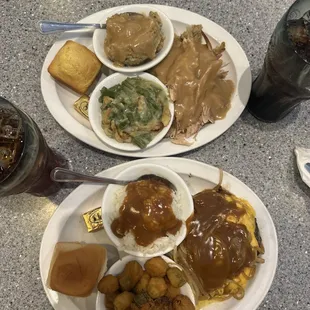 Bottom: Cheeseburger Steak, fried okra, rice and gravy Top: Turkey &amp; Dressing, greenbean Green Bean Casserole