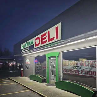 a storefront at night