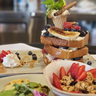 Brioche Banana Split French Toast, Granola Bowl &amp; Farmers Omelet